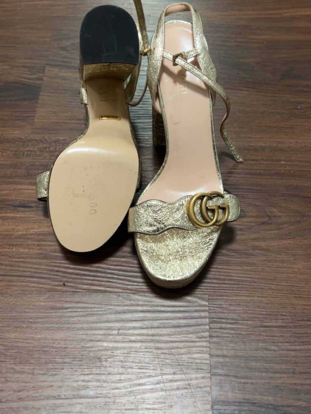 Gucci Metallic Gold GG Block Heel Sandals